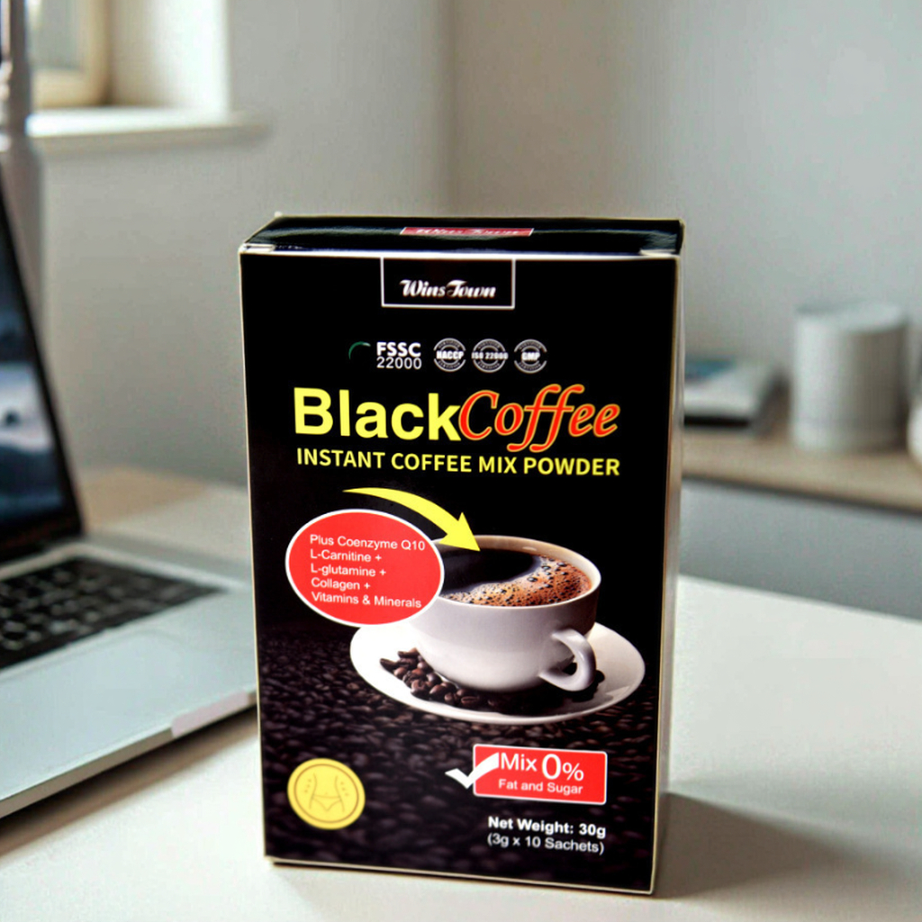 ผงกาแฟดำสำเร็จรูปผสมผสานกับ Coq10 & L-carnitine - 0% ไขมัน น้ำตาล 10 ซอง