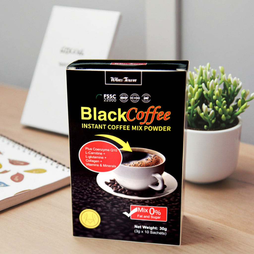 ผงกาแฟดำสำเร็จรูปผสมผสานกับ Coq10 & L-carnitine - 0% ไขมัน น้ำตาล 10 ซอง